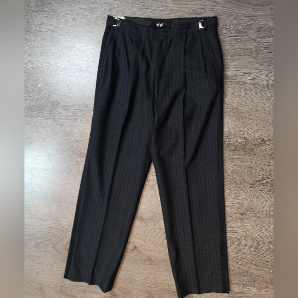 90s Vintage BLACK Striped Gender Neutral Tailored Pants w/Tuxedo Stripe Trim